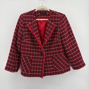 Talbots‎ Womens Blazer Jacket Red Black White Plaid Tweed Fringe Size 12